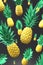 3D-illustration of flying pineapples against grey background.