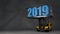 3D illustration of a forklift truck in a dark Studio that lifted a container with a 2019 new year date. The idea for a calendar, t