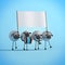 3d illustration four walking cute cartoon sheeps with empty banner on blue background