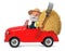 3D illustration funny old grandfather of the farmer on car