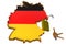 3D illustration of Germany map in black, red, gold of German flag with border, on right opened padlock and bunch of keys, isolated