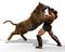 3D Illustration of a Gladiator fighting with a tiger isolated on white background