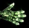 3D-Illustration of a glowing human female hand with a green kirlian aura showing different symbols