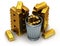 3d illustration of a gold bars on a white back and bitcoins in a trash can.