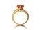 3D illustration gold ring with garnet gemstone. Jewelry background. Fashion accessory