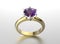 3D illustration gold ring with ultra violet gemstone. Jewelry ba