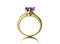 3D illustration gold ring with ultra violet gemstone. Jewelry ba