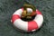 3d illustration: Golden symbol of the rouble on a Lifebuoy on the background of muddy water. Support for the Russian economy. Fina