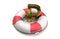 3d illustration: Golden symbol of the rouble on a Lifebuoy, isolated on white background. Support for the Russian economy. Financi