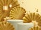 3D illustration of golden theme product display and cosmetic advertising background with podium and paper fan