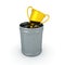 3D illustration of golden trophy thrown in a garbage can