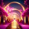 3d illustration of a golden tunnel in the middle of a pink garden. generative AI