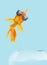 3D illustration goldfish wear sunglasses jumping from the fishbowl on blue background