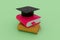 3d illustration Graduation cap hat with tassel, icon Mortarboard with book
