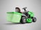 3d illustration green garden mini tractor lawnmower with grass container rear view on gray background with shadow