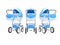 3d illustration of group of baby carriages cradle with basket for walks front view on white background no shadow