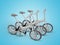 3d illustration group electric bicycle transformer for city trips on blue background with shadow