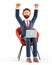 3D illustration of happy bearded man with laptop sitting in a chair and throwing his hands up in the air. Cartoon joyful