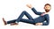 3D illustration of happy bearded man lying on the floor. Cute cartoon smiling businessman in full length pointing hand