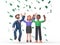 3d illustration of happy business team celebrates success standing under money rain banknotes cash falling on white background