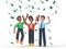 3d illustration of happy business team celebrates success standing under money rain banknotes cash falling on white background