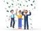3d illustration of happy business team celebrates success standing under money rain banknotes cash falling on white background