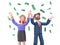 3D illustration of happy business team celebrates success standing under money rain banknotes cash falling on white background