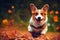 3d illustration of happy corgi jumping autumn forest running Generative AI illustration