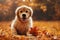 3d illustration of happy golden retriever puppy playing in autumn forest Generative AI illustration