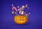 3D illustration happy halloween pumpkin basket with sweets and halloween element