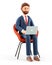 3D illustration of happy man with laptop and sitting in a chair. Cartoon smiling bearded businessman working in office