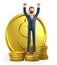 3D illustration of happy man standing on the stack of gold coins and throwing his hands up in the air. Successful investor