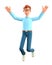 3D illustration of happy smiling man jumping celebrating success. Cartoon winning businessman with his hands in the air