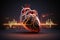 3d illustration of a heart with neon orange heartbeat pulse over it on dark background