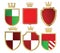 3D illustration of heraldic shields and golden crowns. Isolate