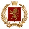 3D illustration Heraldry, red coat of arms. Golden olive branch, oak branch, crown, shield, lion. Isolat.