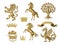 3D illustration of heraldry. A set of objects. Golden olive branches, oak branches, crowns, lion, horse, tree