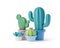 3D illustration of houseplant cactuses and succulents in pots on white background. 3d render