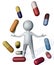 3d illustration human man figure juggle drug antidepressant pill isolated on white