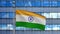 3D illustration Indian flag waving in a modern skyscraper city. Beautiful tall tower with India banner soft smooth silk. Cloth