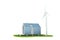 3d illustration isolated wind energy in the backyard of a wooden white house on a green lawn island on a white background