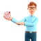 3D illustration of joyful man holding a modern target with a dart in the center and showing arrow in bullseye. Cartoon businessman