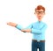 3D illustration of joyful man pointing hands at direction. Close up portrait of cartoon cheerful businessman.