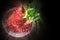 3D-Illustration Kirlian glow on strawberries with leaves on a plate in a glas bowl. Isolated on a white background