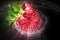 3D-Illustration Kirlian glow on strawberries with leaves on a plate in a glas bowl. Isolated on a white background