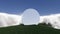 3d illustration A large, round, white object is sitting on a grassy hill