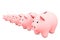 3d illustration: line of pink piggy bank on a white background. range from smallest to largest. five money box for coins