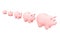 3d illustration: line of pink piggy bank on a white isolated background. range from smallest to largest. five money box for coins