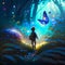 3d illustration of a little boy in the underwater world with a butterfly Generative AI