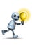 3d illustration of little robot business running and holding light bulb